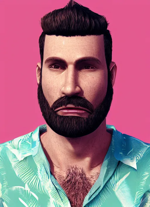 Image similar to 3 2 - year - old sporty man, short stubble, wearing tropical short sleeve shirt and speedo, character design, octane render, 8 k, portrait