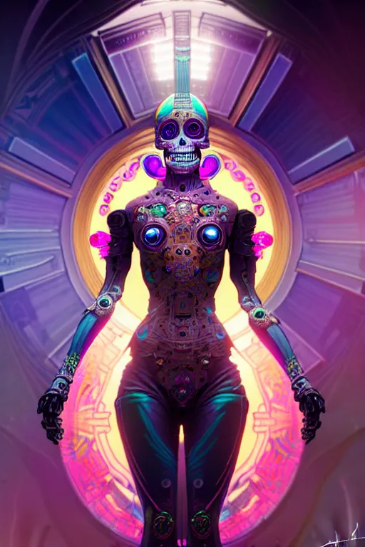 Image similar to ultra detailed Female Android deity, scifi, octane render, (dia de los muertos), asymmetrical, intricate concept art, triadic color scheme, art by artgerm and DZO and greg rutkowski and alphonse mucha and loish and WLOP
