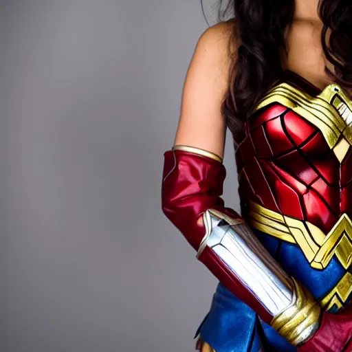 Prompt: woman wearing Wonder Woman's crown and holding Iron Man's gloves