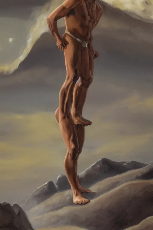 Prompt: a dramatic, epic, ethereal art deco painting of a handsome brown shirtless cowboy | background is a dry river bed and dust cloud | tarot!! card, art deco, art nouveau, stylized | by mark maggiori | trending on artstation