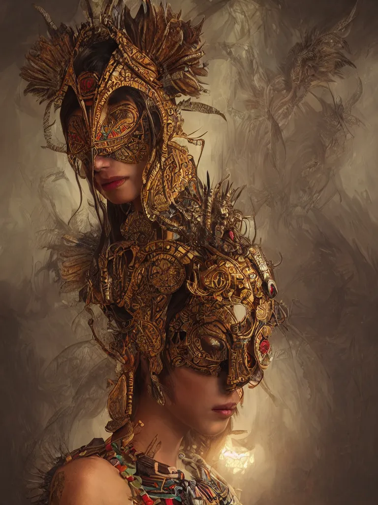 Image similar to a Photorealistic dramatic fantasy render of a beautiful woman wearing a beautiful intricately detailed Aztec Insect shaman mask and costume by WLOP,Artgerm,Greg Rutkowski,Alphonse Mucha, Beautiful dynamic dramatic dark moody lighting,shadows,cinematic atmosphere,Artstation,concept design art,Octane render,8K