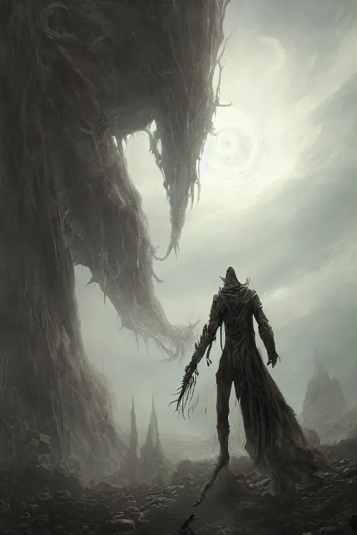 Prompt: a giant ethereal pale humanoid monster looming over a tiny human in an epic landscape, ethereal fantasy, bloodborne, artstation, james gurney