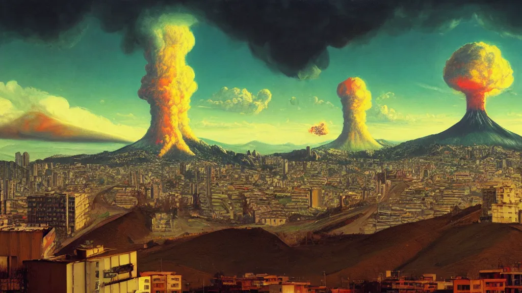 Image similar to Nuclear Fallout towering over the town of Quito by Simon Stålenhag and J.M.W. Turner, oil on canvas; Art Direction by Adam Adamowicz; 4K, 8K; Ultra-Realistic Depth Shading