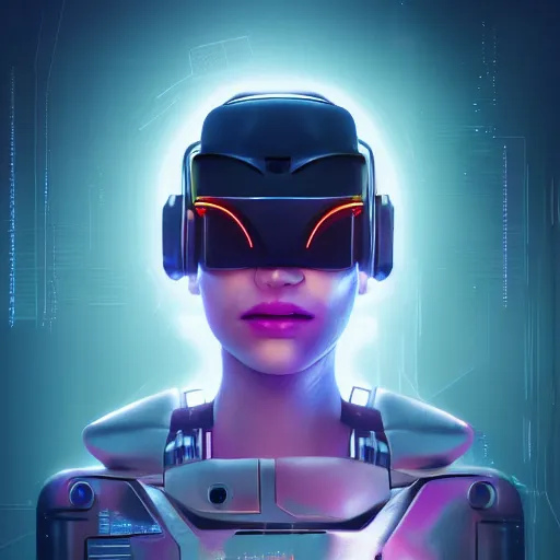 Image similar to cyberpunk concept cool girl cyborg bot, cinema 4 d, galaxy, ufo, space sci - fi, wearing vr goggles, illustration, portrait, pastel neon textured background night, trending on artstation, greg rutkowski, octane rendered, 1 2 k, detailed,