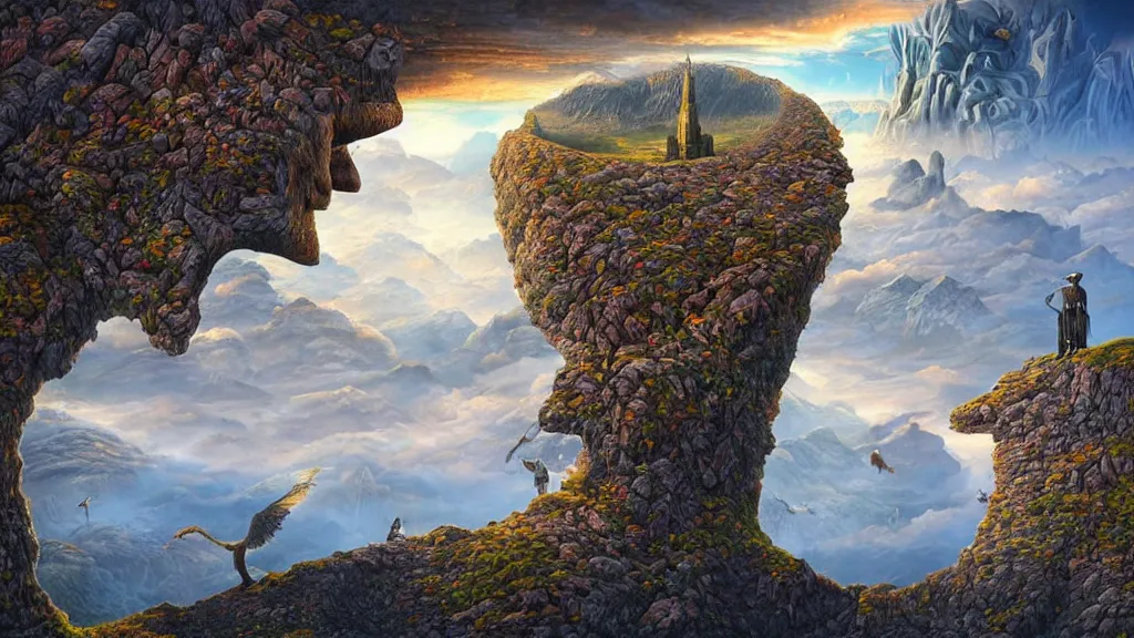 Image similar to fantasy landscape with anthropomorphic terrain in the styles of igor morski, jim warren, and rob gonsalves, intricate, hyperrealistic, volumetric lighting, distinct horizon