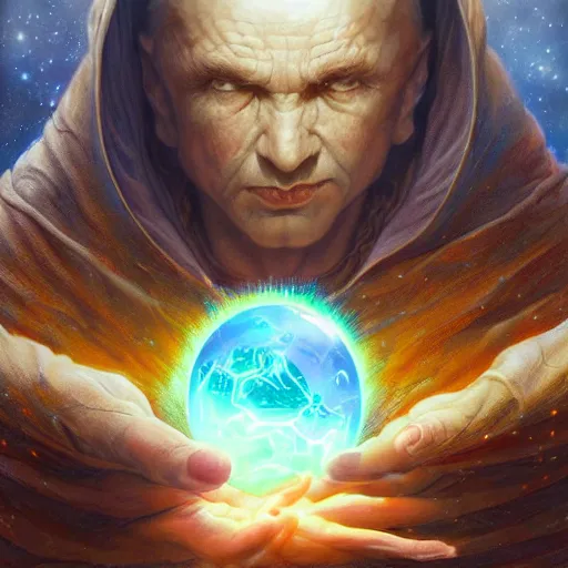 Image similar to the creator of worlds wearing a cloak and holding a holographic planet projection in his hand, detailed, sci - fi, digital painting, artstation, sharp focus, illustration, ominous, artgerm, tomasz alen kopera, peter mohrbacher, donato giancola, joseph christian leyendecker, wlop, frank frazetta