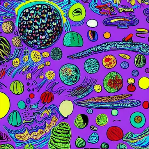 Prompt: psychedelic trippy couch in forest with vegetable planets, milky way, sofa, cartoon by andy warhol