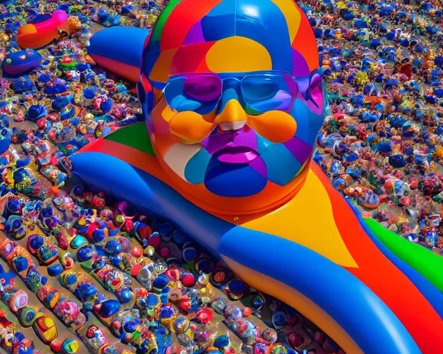 Prompt: a long shot of a giant award winning sculpture made out of thousands of inflatable pool toys in the shape of a realistic human head on the surface of the ocean, in the style of chad knight, hyper detailed, hyper realistic, ray tracing, 8 k resolution, sharp focus, realistic water