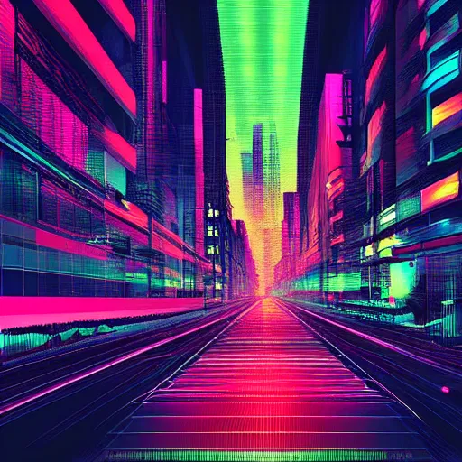 Image similar to a city street in the style of aertime, glitchart, glitch art, # glitchart, pixelsort, # pixelsort, synthwave, cyberpunk, vaporwave, deviantart