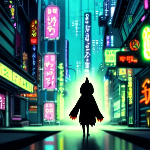 Prompt: cinematic shot of adorable black lanky cat walking through neon cyberpunk neo - tokyo, studio ghibli, hayao miyazaki, anime, 4 k, high definition, detailed