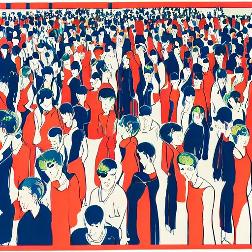 Prompt: screen printing, gouache by toshio saeki, by asger jorn dynamic. a beautiful installation art of a group of people standing in a line. they are all facing the same direction & appear to be waiting for something.