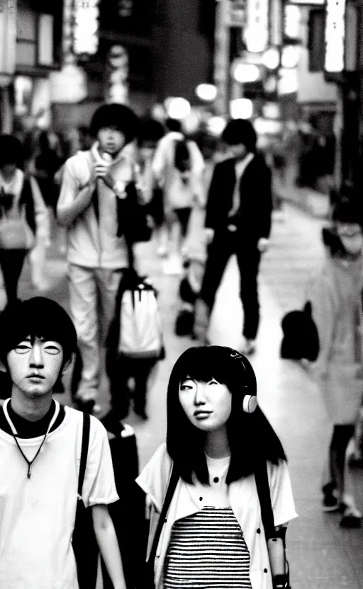 Image similar to japanese teenagers male and female, street photography in the 8 0 s, economic boom, punks, highly realistic, photography, highly detailed, cinematic lighting, tokyo, fashion, wearing sony walkman and headphones