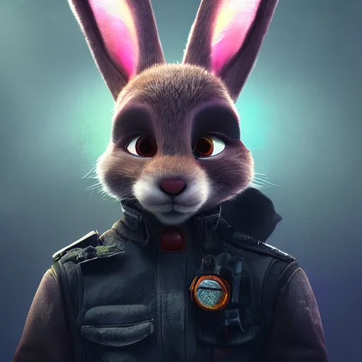 Image similar to portrait of a incredibly cute bunny killer rabbit, zootopia, cgi, blade runner, cyberpunk background, trending on artstation