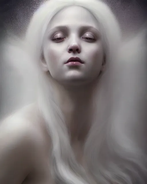 Prompt: dreamy, subsurface scattering, white, young beautiful goddess in cosmos with very long white hair floating in air, fluid smoke art, octane render, dino valls, mark ryden, joe fenton, michal karcz, highly detailed, rim light, art, cinematic lighting, very coherent, hyper realism, 8 k