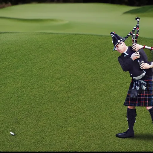 Image similar to a yellowjacket hornet playing bagpipes on a golf course, realistic, hyper realistic, intricate