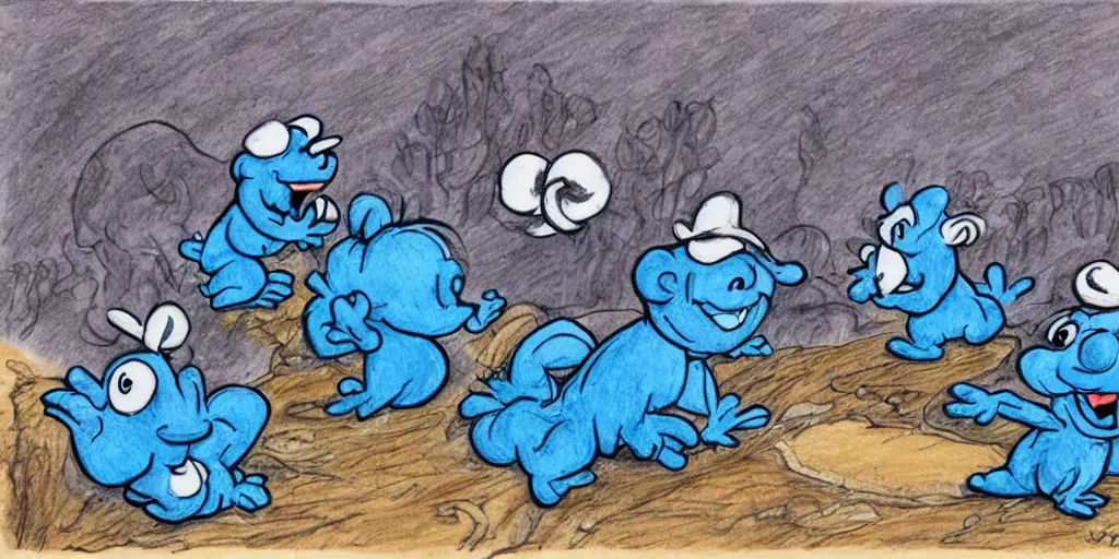 Prompt: smurfs found in snails with a sunrise and road landscape with lynxes and teeth in pen drawing style and pencil color