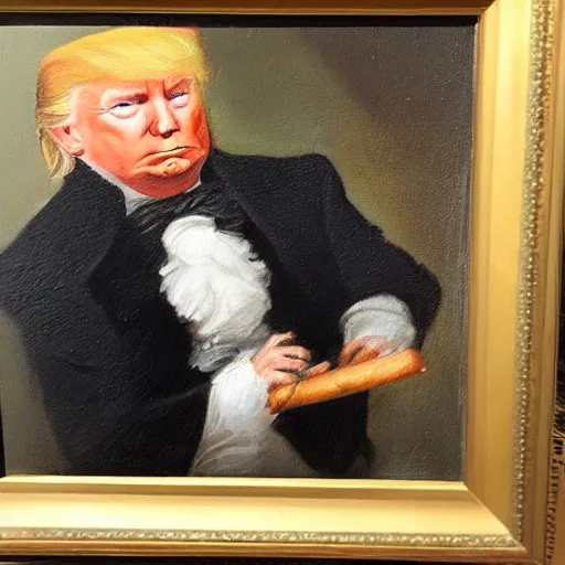 Prompt: oil painting portrait of Donald Trump smoking a cigar, Gilbert Stuart style