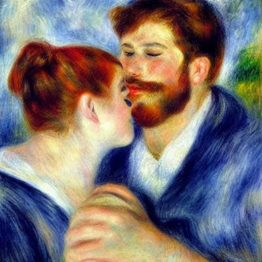 Image similar to art by renoir, real lgbt love, people wearing clothes