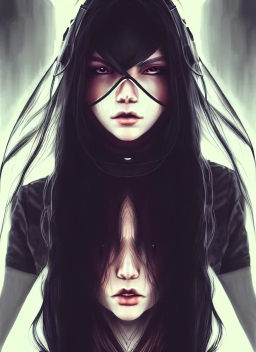 Prompt: portrait of long black hair girl within a streetwear. cynical face, concept art, cyberpunk illustration, intricate, highly detailed 8 k, smooth, matte, sharp focus, rim light, beautiful and aesthetic shape of face and body, artgerm, artstation, art by rinotuna