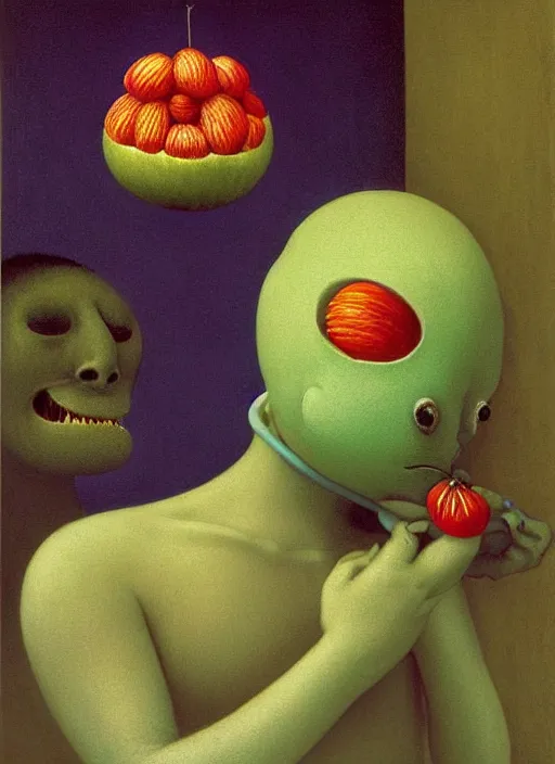 Prompt: Hide the pain Harold eats of the Strangling Fruit and His polyp blossoms bring iridescent fungal flowers whose spores black the foolish stars wearing a mycelium knit gown, Edward Hopper and James Gilleard, Zdzislaw Beksinski, Mark Ryden, Wolfgang Lettl highly detailed, hints of Yayoi Kasuma, Odilon Redon. Drexler