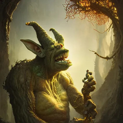 Image similar to a hyperrealistic illustration of a mix of an oger and giant and goblin, 8 k ultra realistic creature, detailed intricate, with fractal sunlight, award - winning, masterpiece, in the style of tom bagshaw, cedric peyravernay, peter mohrbacher