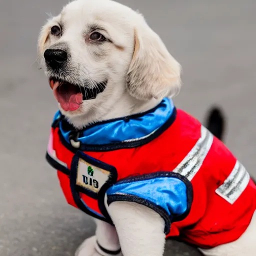 Image similar to a cute puppy wearing an ambulance costume, dog cosplay, ambulance, vehicle, Canon EOS R3, f/1.4, ISO 200, 1/160s, 8K, RAW, unedited, symmetrical balance, in-frame