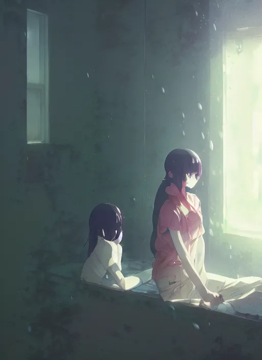 Prompt: interior, near the window, rainy outside, illustration concept art anime key visual trending pixiv fanbox by wlop and greg rutkowski and makoto shinkai and studio ghibli