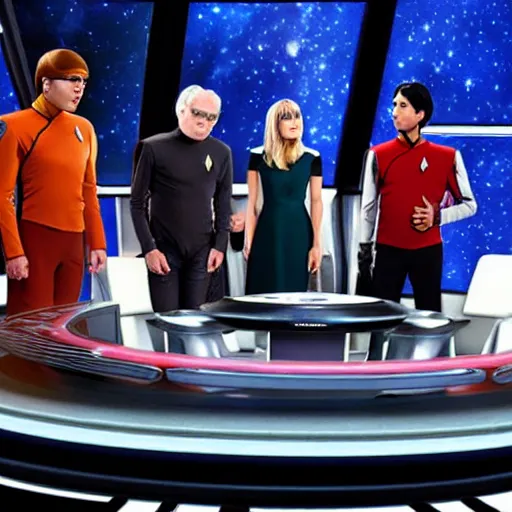 Prompt: Johnny Galecky,Bob Parsons, Kaley couco, Kunal Nayyar, Mayim Bialik,Simon Helberg,Melissa Rauch on star trek