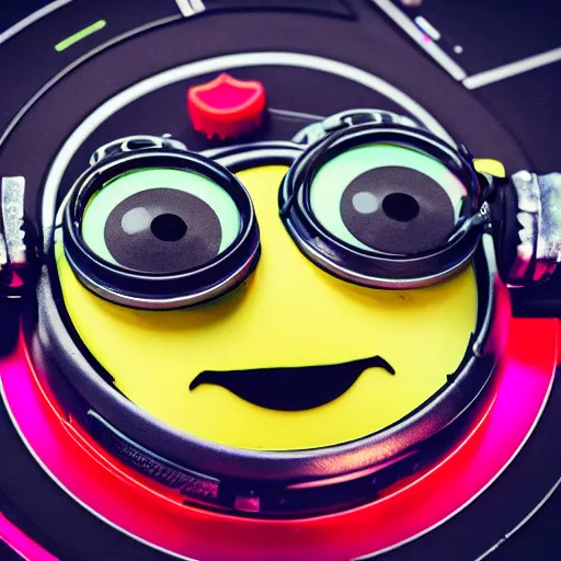 Prompt: a cyberpunk dj minion at a turntable