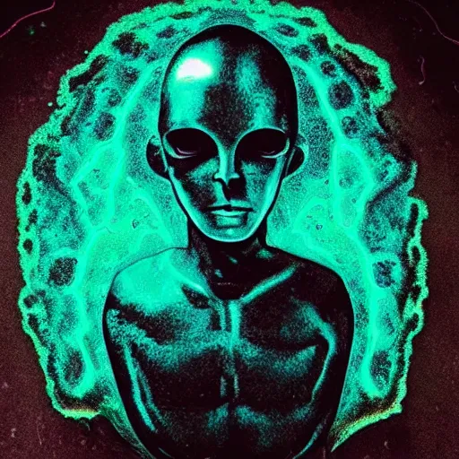 Image similar to teal green cyan and gold arcturian annunaki liquid metal bismuth andromedan martian telosian alien humanoid person 5 5 mm photography footage slightly glowing, ominous, hyperdetailed, maximalist