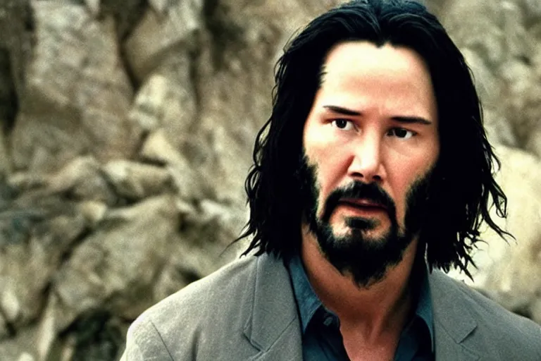 Image similar to promotional image of Keanu Reeves as Jesus Christ in the new movie directed by Christopher Nolan, 50mm film, movie still, promotional image, cinematic