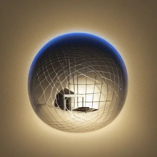 Prompt: crystal sphere with mini modern house with led strip lights inside it, octane render hyperdetailed,