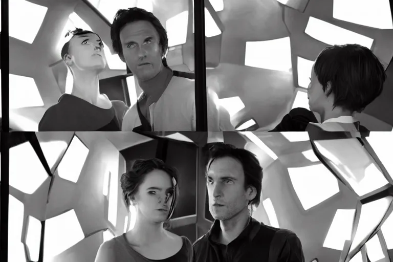 Image similar to movie closeup polar opposites, couple, researchers in a futuristic lab building inter dimensional portal machine, beautiful skin, Symmetrical faces. Beautiful lighting by Emmanuel Lubezki