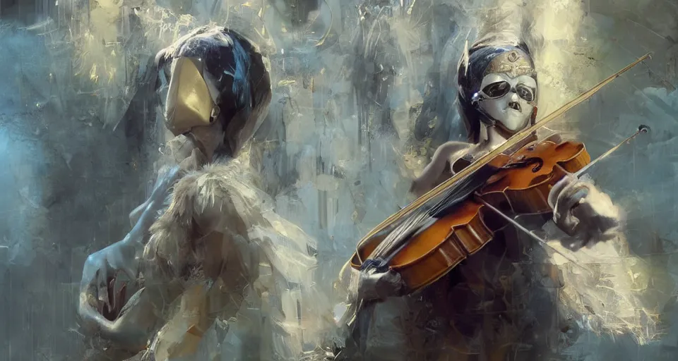 Image similar to craig mullins and ghibli digital art of a masked female play violin ， exotic costumes, gold jewelry, black hair, realistic shading, cinematic composition, realistic render, octane render, detailed textures, photorealistic, wide shot