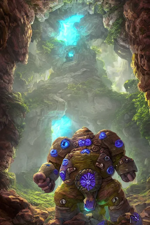 Image similar to zelda fantasy art giant golem troll wood rock greeble gemstone, global illumination ray tracing hdr fanart arstation by sung choi and eric pfeiffer and gabriel garza and casper konefal