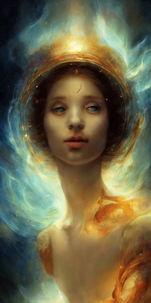 Prompt: breathtaking detailed soft painting of valfore intricated ribbons of light in a nebulae galaxy in flames, gauze dress of fireflies and a golden halo head, rembrandt style, , elegant, highly detailed, artstation, concept art, matte, sharp focus, art by Tom Bagshaw, Anato Finnstark and Greg Rutkowski