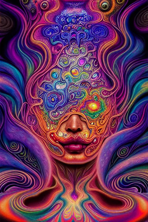 Image similar to colorful liquid smoke and clouds forming detailed faces, extremely colorful psychedelic experience, dmt, psilocybin, lsd, intricate, elegant, highly detailed, digital painting, artstation, smooth, sharp focus, illustration, art by alex grey, hana yata, beeple, josephine wall, octane render, unreal engine, 8 k