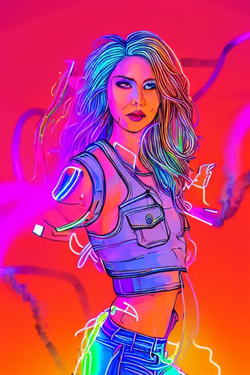 Image similar to a award winning half body portrait of a beautiful woman with stunning eyes in a croptop and cargo pants with smoke for hair in rainbow colors, outlined by whirling illuminated neon lines, outrun, vaporware, shaded flat illustration, digital art, trending on artstation, highly detailed, fine detail, intricate