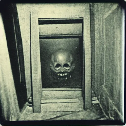 Prompt: dark room with a monster peering out of a trap door in the floor, distuburbing, horror, nightmare, terrifying, surreal, nightmare fuel, old polaroid, blurry, expired film, lost footage, found footage,