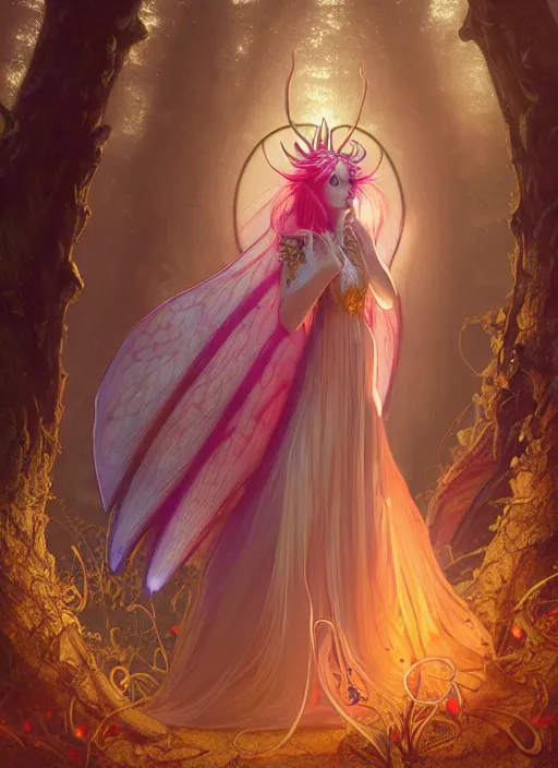 Image similar to stunningly beautiful female faerie priestess in amanita muscaria forest landscape, symmetrical wings on back, neon hair, fantasy art, wearing a dress of gossamer gold, inner glow, dark light night, sharp focus, digital painting, 4 k, concept art, art by wlop, greg rutkowski and alphonse mucha, brom, face by otto schmidt