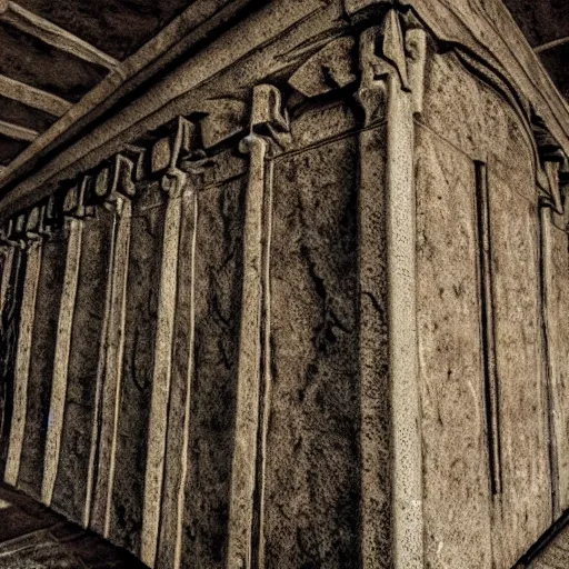 Image similar to giant mysterious eerie ancient mausoleum hidden scriptures engraved on its walls, extremely high detail, photo realistic, cinematic, dramatic, post processed