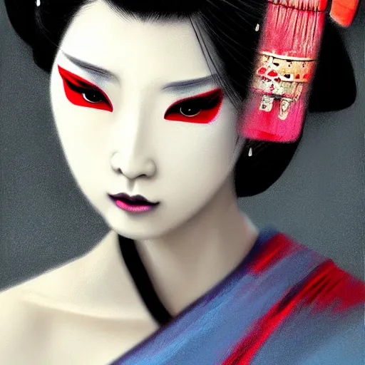 Image similar to gorgeous geisha samurai noir, hyperrealistic, soft focus, sharp, highly detailed
