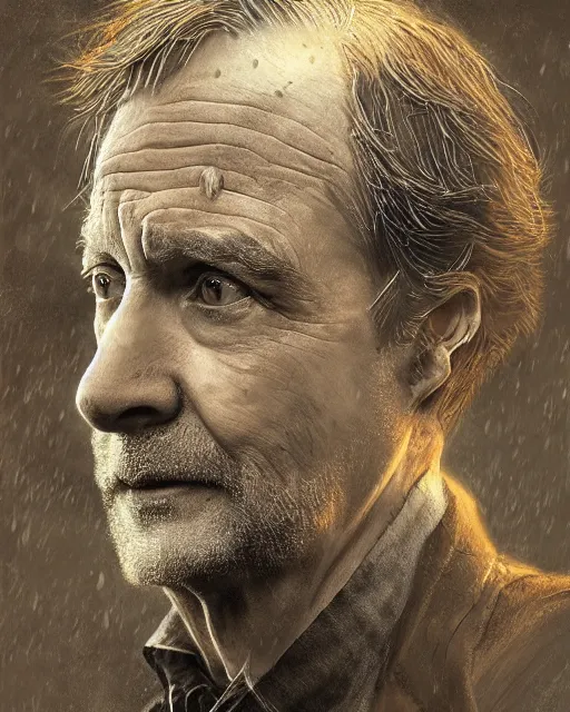 Prompt: a highly detailed portrait of Harry Potter as an old man, head and shoulders portrait, intricate, digital painting, old english, raining, sepia, particles floating, whimsical background by marc simonetti, artwork by ramond swanland and liam wong