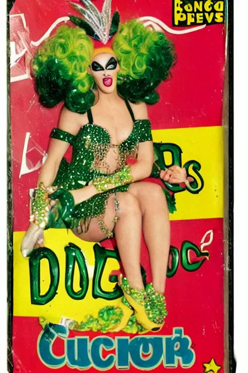 Prompt: drag queen on pickles cereal box, vintage packaging