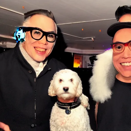 Prompt: a white cockapoo wearing headphones with gok wan in a nightclub