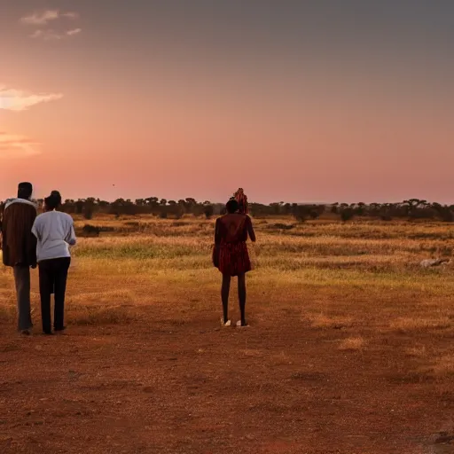 Prompt: a couple of a man and a woman dressed in goyesques looking back at the african savannah at sunset. in the background on the left the ship enterprise approaches. national geographic photography style.