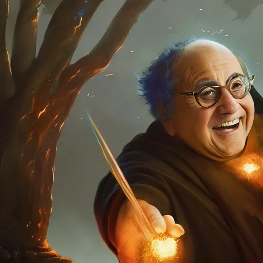 Image similar to Danny DeVito as a magical wizard. Academic painting by Greg Rutkowski, Mobile still frame. 4K UHD