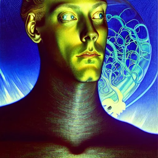 Image similar to realistic extremely detailed portrait painting of a glowing male silhouette, futuristic sci-fi landscape on background by Jean Delville, Amano, Yves Tanguy, Alphonse Mucha, Ernst Haeckel, Edward Robert Hughes, Roger Dean, rich moody colours, blue eyes