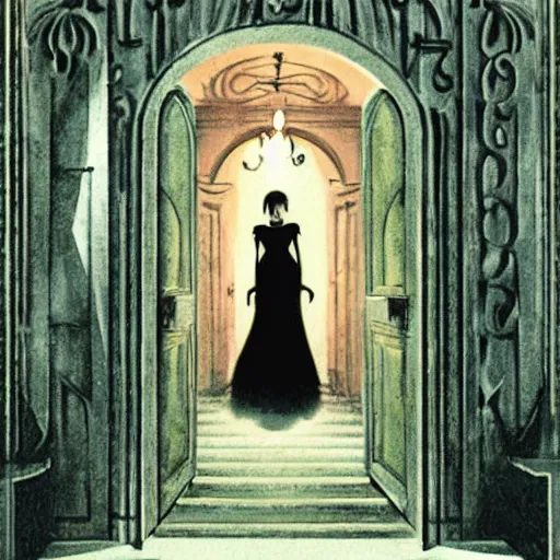 Prompt: entrance of a dark mansion, realistic, highly detailed, rosemary's baby