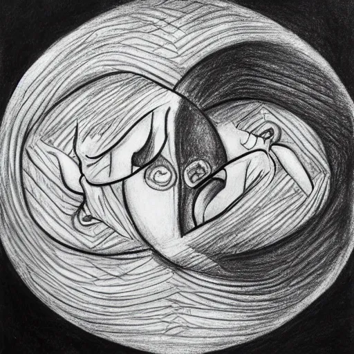 Image similar to a drawing of a pregnant woman giving birth to emerging yin - yang daoist symbol emerging from womb, black and white detailed pencil drawing dao